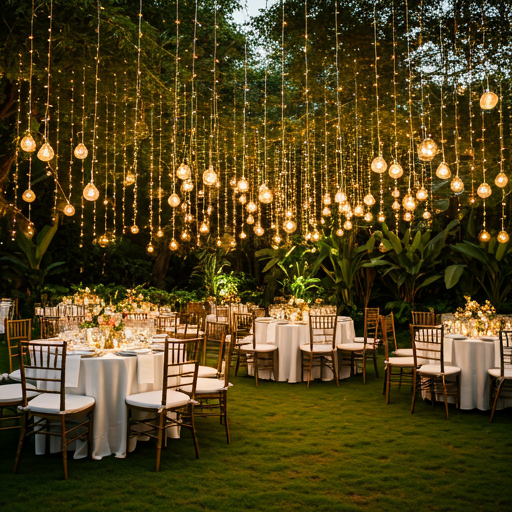 Outdoor garden party setup with elegant lighting
